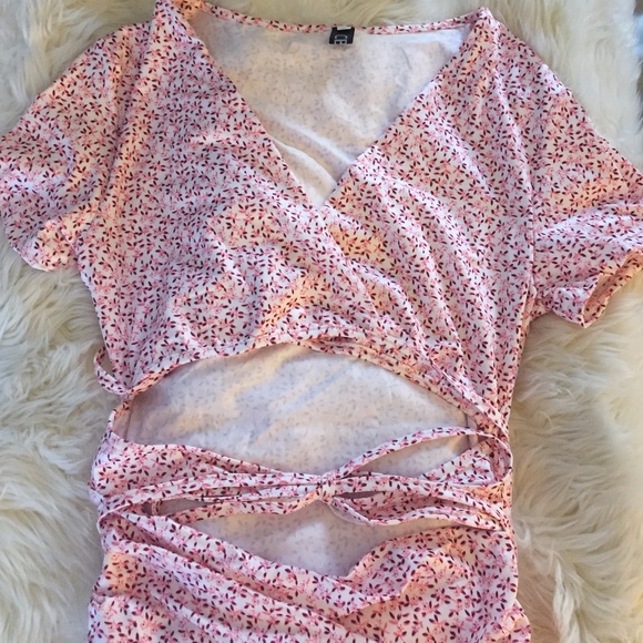 Pink Floral Ruffle Wrap Dress Tie Front Sundress - Picture 6 of 6